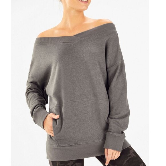 Fabletics Zaylee Cross Front Off Shoulder Pullover Top Women’s L Gray Cozy Boho - Picture 1 of 11